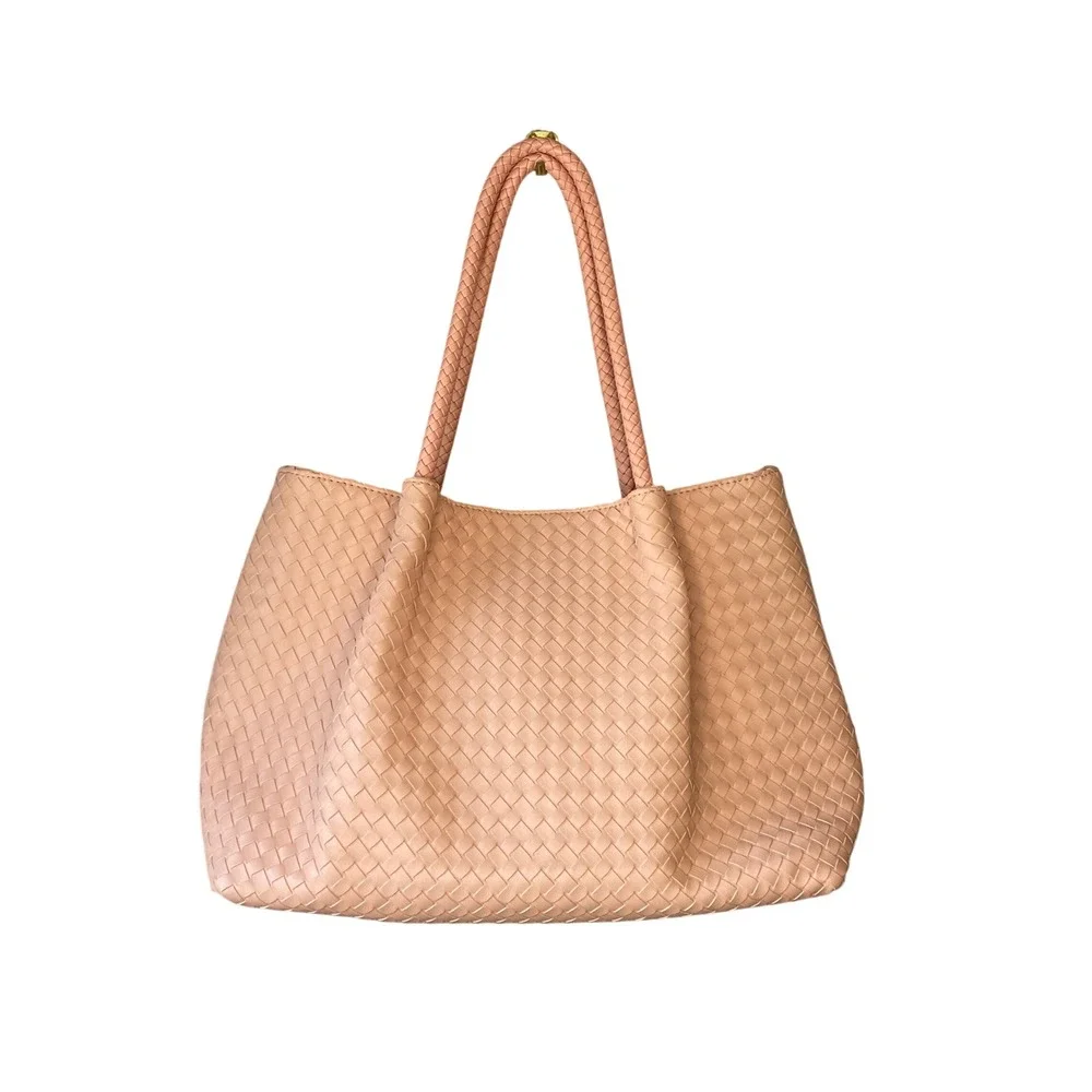LuLu Dharma Woven Vegan Leather Tote Bag Blush Pink Braided Handle Shoulder‎ Bag